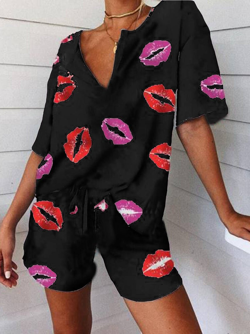 Casual Loose V-Neck Top Shorts Suit