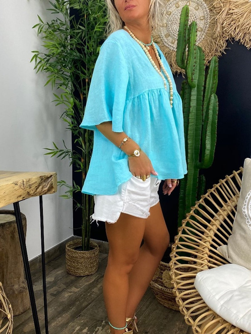 Simple Casual Loose Short Sleeve V Neck Top