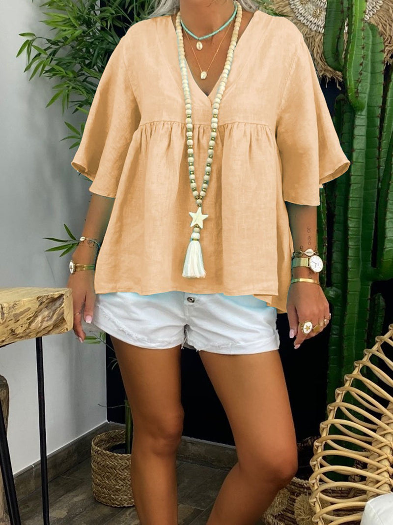 Simple Casual Loose Short Sleeve V Neck Top
