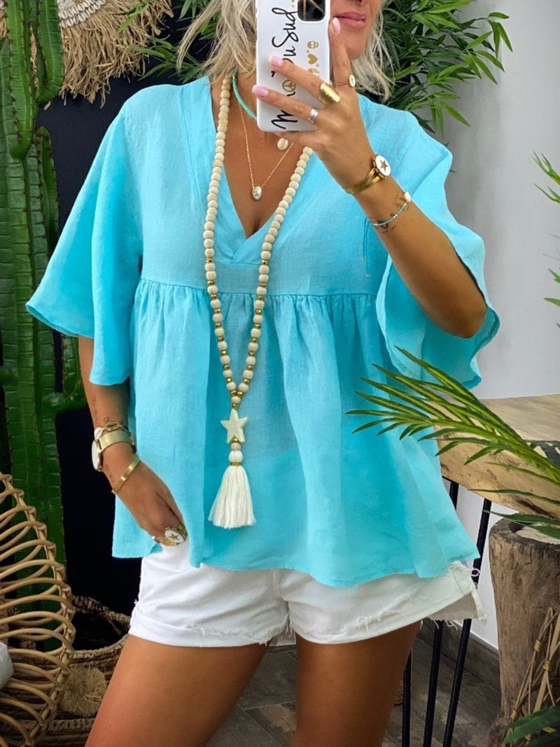 Simple Casual Loose Short Sleeve V Neck Top